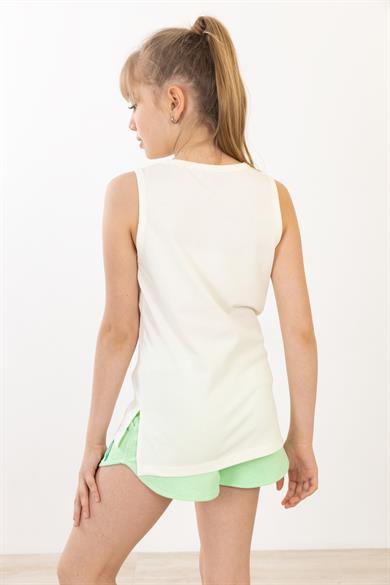 BRZ Kids Baskılı Yırtmaçlı Kız Çocuk Sıfır Kol T-shirt