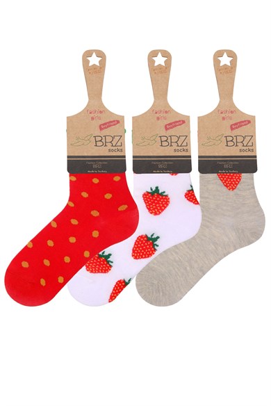 BRZ Kids Çilek Desenli Kız Çocuk Çorabı 3lü Set
