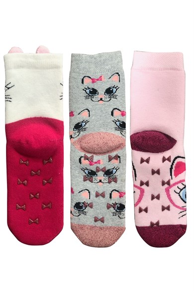 Brz Kids Kedi Desenli Simli Kız Çocuk Havlu Çorabı 3lü Set
