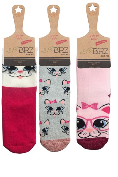Brz Kids Kedi Desenli Simli Kız Çocuk Havlu Çorabı 3lü Set