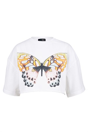 BRZ Kids Kelebek Baskılı Kız Çocuk Oversize Crop Tişört