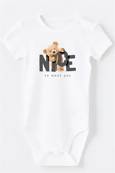 BRZ Kids Pamuklu Nice To Meet You Baskılı Omuz ve Alt Kısmı Çıtçıtlı Body Bebek Zıbın