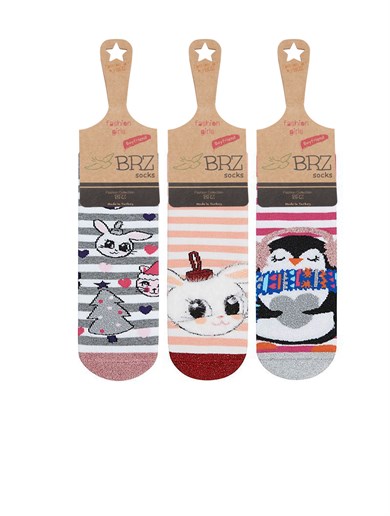 BRZ Kids Simli Tavşan,Penguen Desenli Havlu Tabanaltı Baskılı Kız Çocuk Çorabı 3lü Set