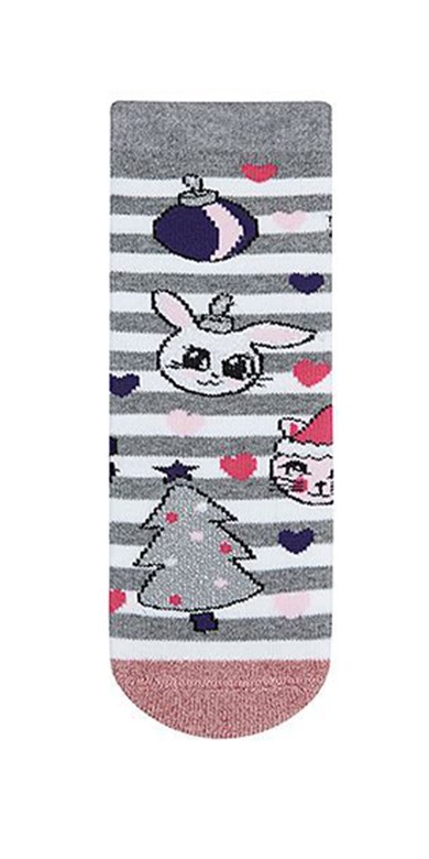 BRZ Kids Simli Tavşan,Penguen Desenli Havlu Tabanaltı Baskılı Kız Çocuk Çorabı 3lü Set