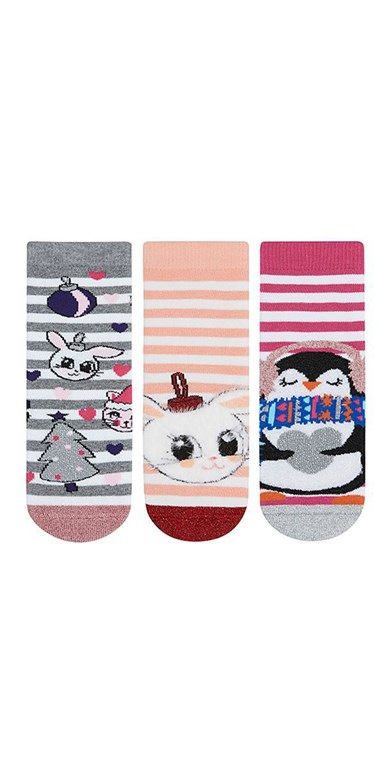 BRZ Kids Simli Tavşan,Penguen Desenli Havlu Tabanaltı Baskılı Kız Çocuk Çorabı 3lü Set