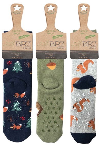 BRZ Kids Sincap Desenli Havlu Tabanaltı Baskılı  Erkek Çocuk Çorabı 3lü Set