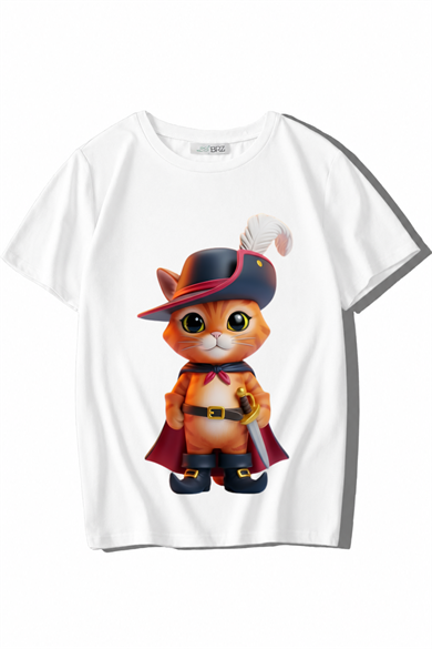 BRZ Kids Unisex Çocuk Çizmeli Kedi T-shirt Beyaz