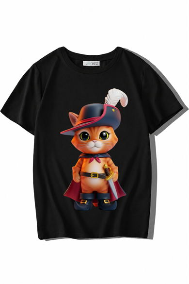 BRZ Kids Unisex Çocuk Çizmeli Kedi T-shirt Siyah