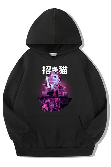 BRZ Kids Unisex Çocuk Neon Maneki Neko Şans Kedisi Hoodie