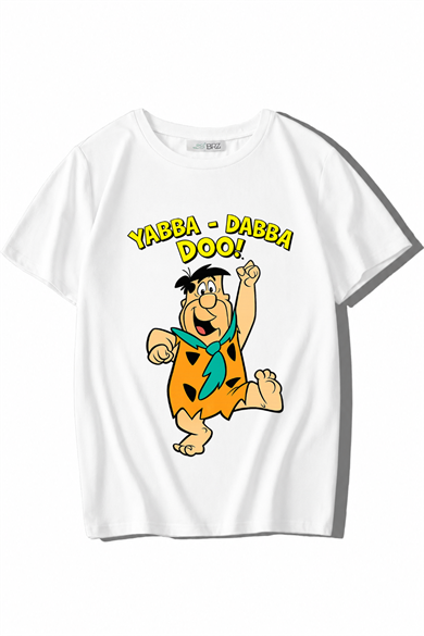 BRZ Kids Unisex Çocuk Taş Devri Fred Çakmaktaş Yabba Dabba Doo T-shirt Beyaz