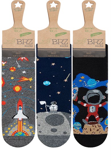 BRZ Kids Uzay Desenli Havlu Tabanaltı Baskılı  Erkek Çocuk Çorabı 3lü Set