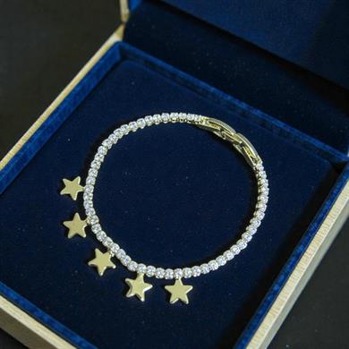 Yıldız Charm Detaylı Taşlı Gold Tenis Bileklik – Paslanmaz Çelik – Suya Dayanıklı Şık Kadın Bileklik