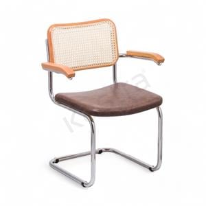 Cesca Düz Deri Minderli Kollu Sandalye - Naturel