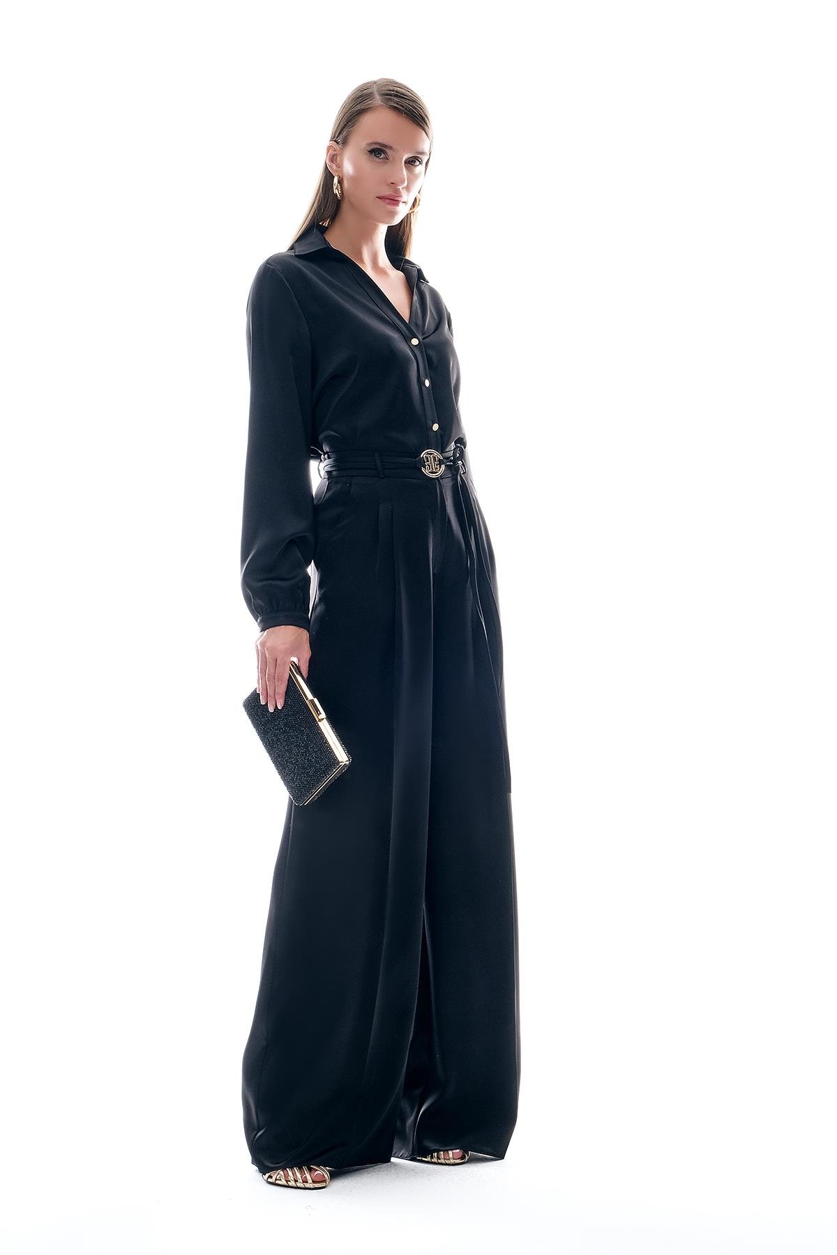 Büyük Beden Gömlek Yakalı Saten Bluz