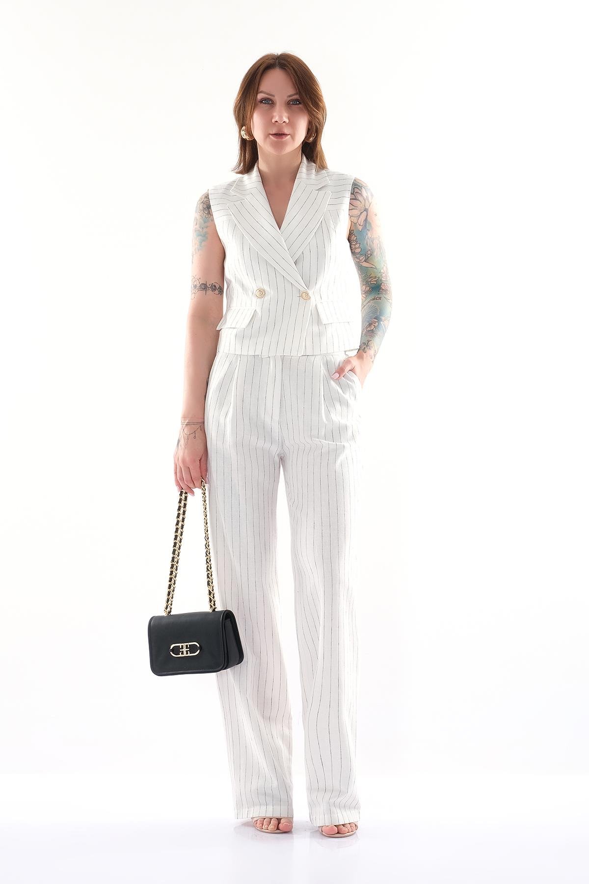 Çizgili Bol Paça Pantolon Yelek Takım