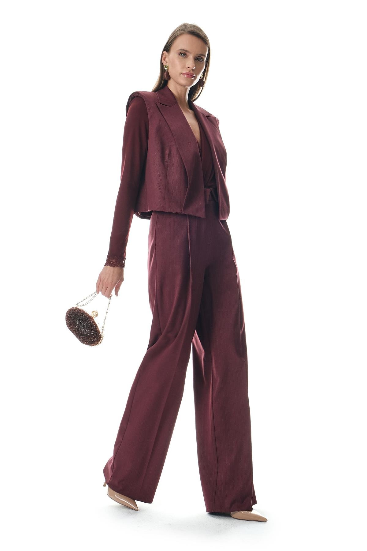 Çizgili Kemeri Katlama Detaylı Pantolon