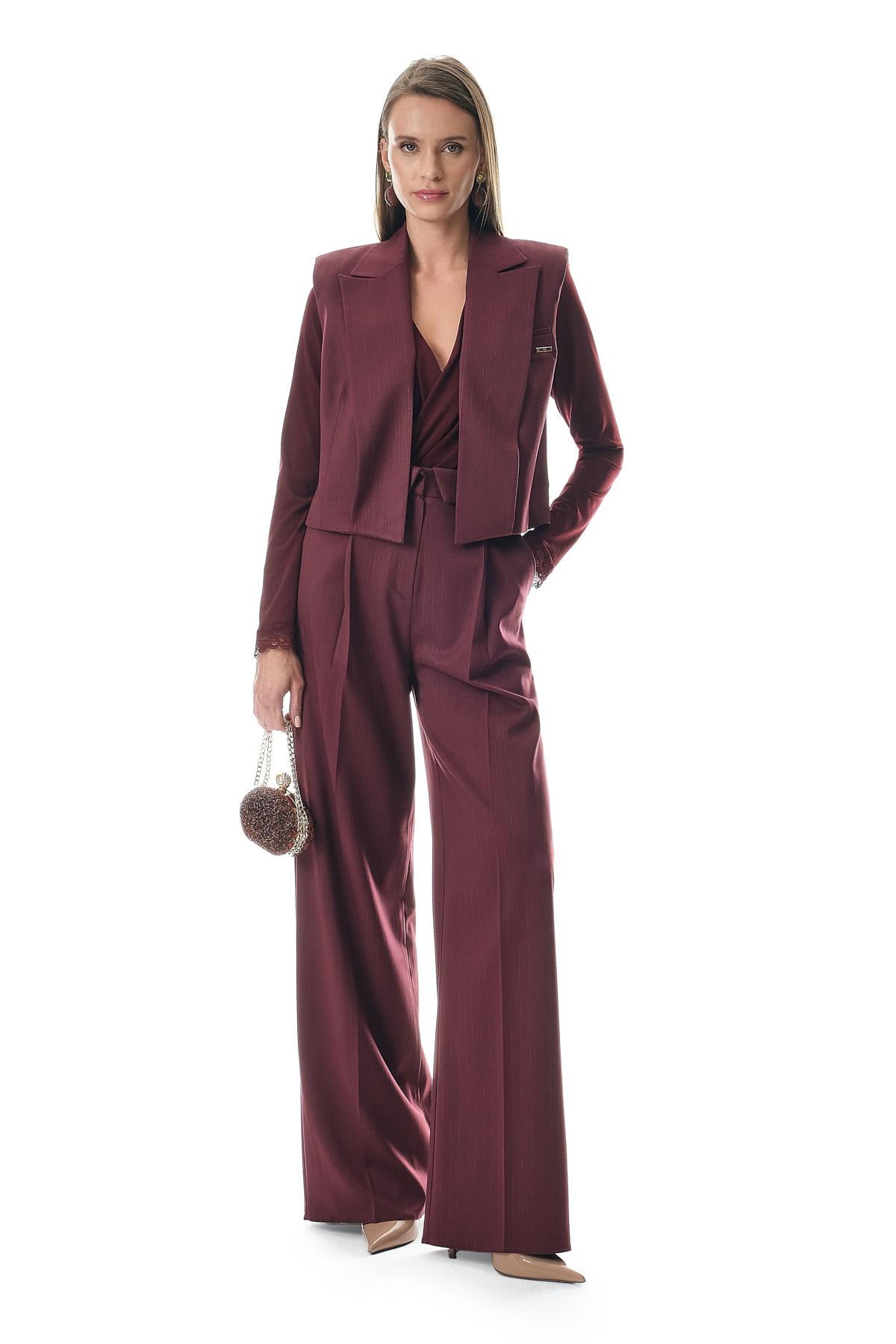 Çizgili Kolsuz Kruvaze Kısa Ceket