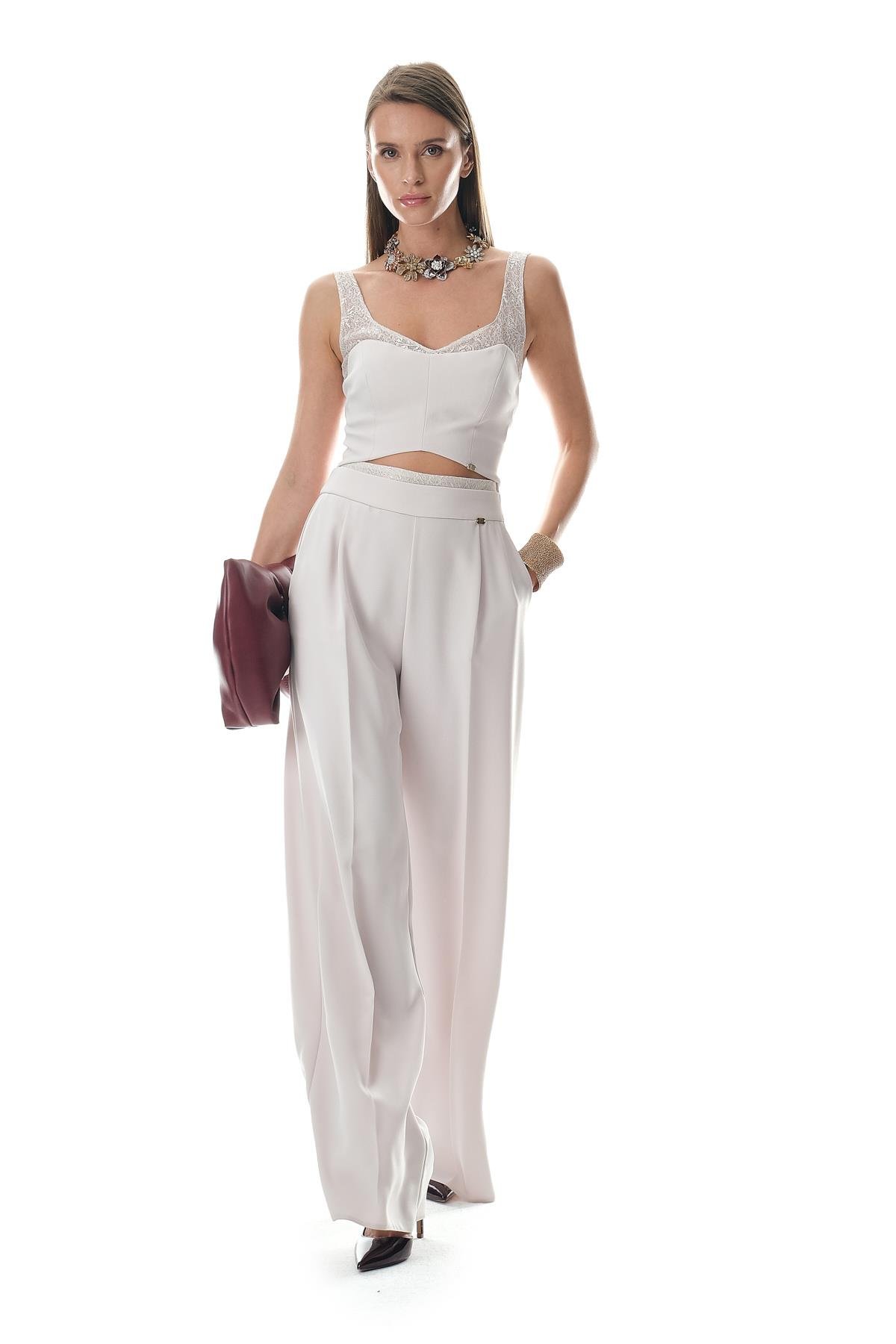 Dantel Garnili Crop Ve Bol Paça Pantolon Takım