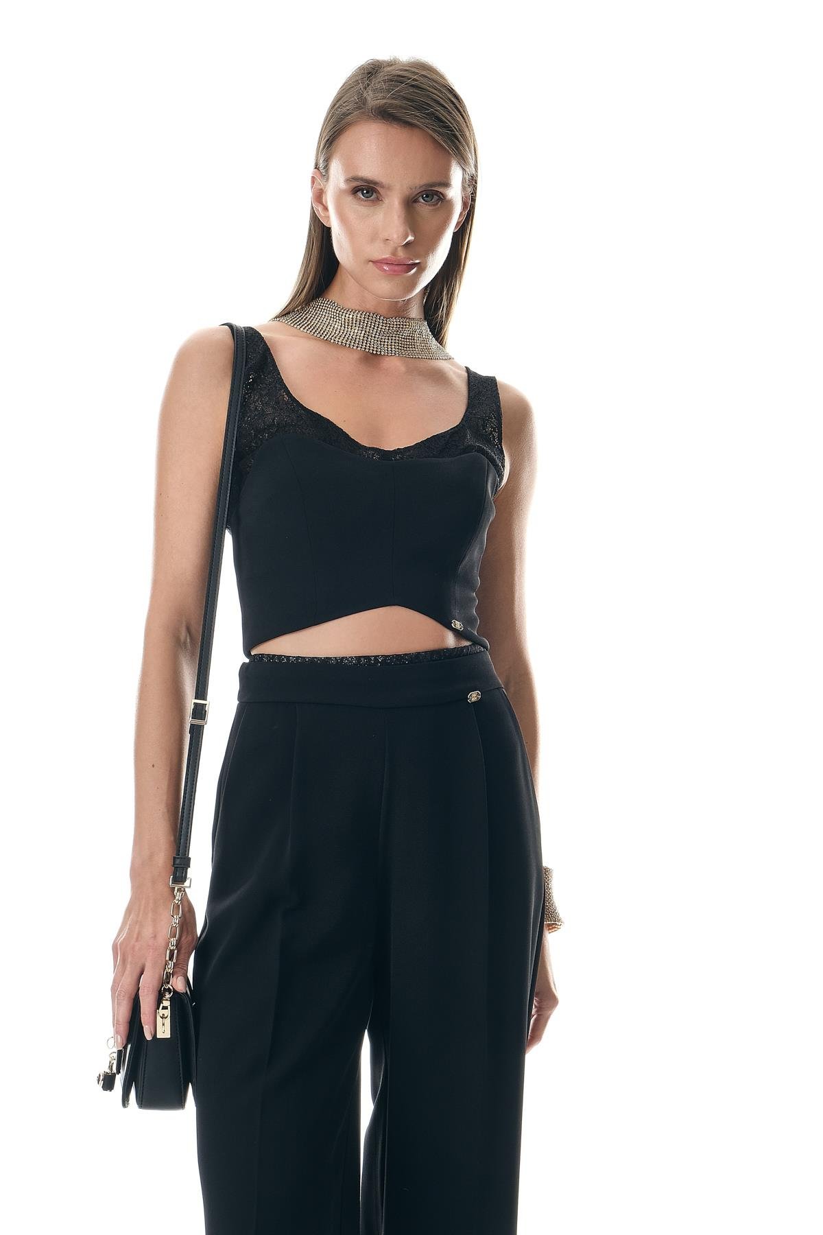 Dantel Garnili Crop Ve Bol Paça Pantolon Takım