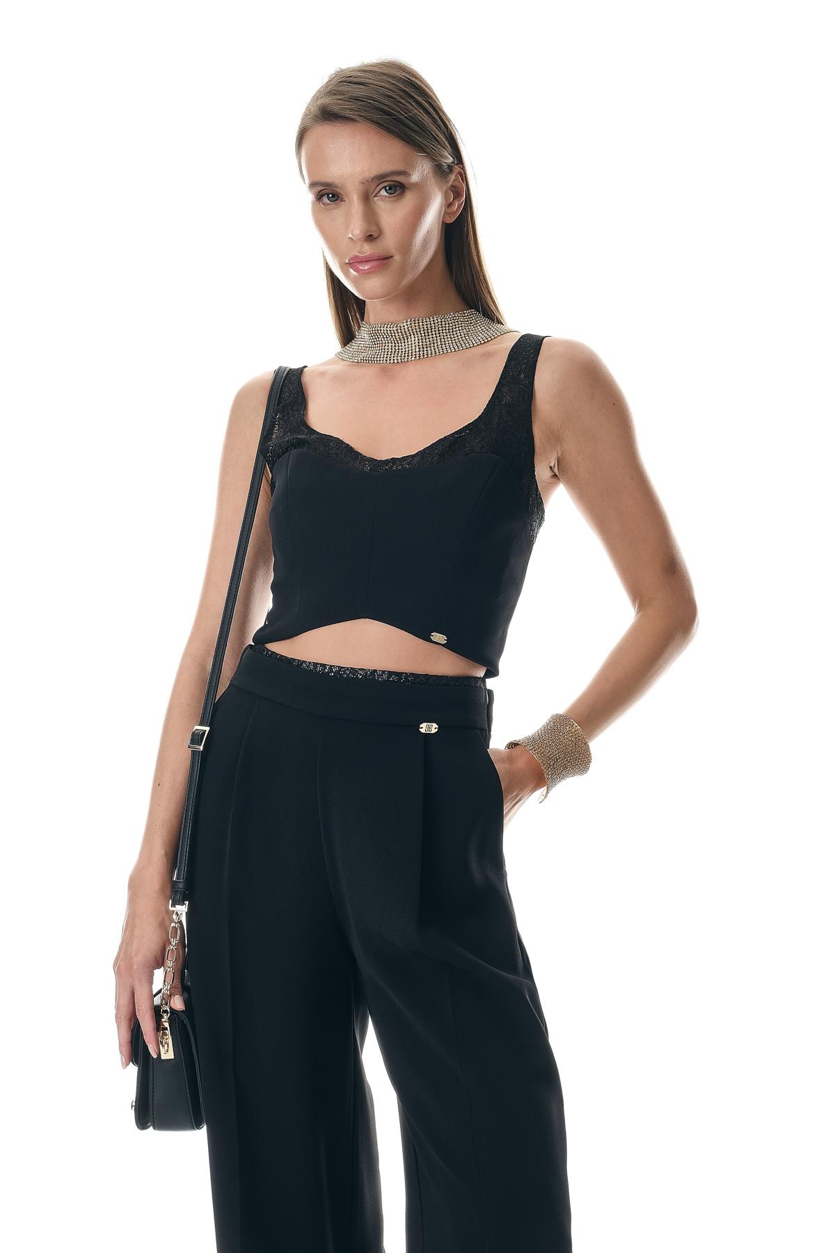 Dantel Garnili Crop Ve Bol Paça Pantolon Takım