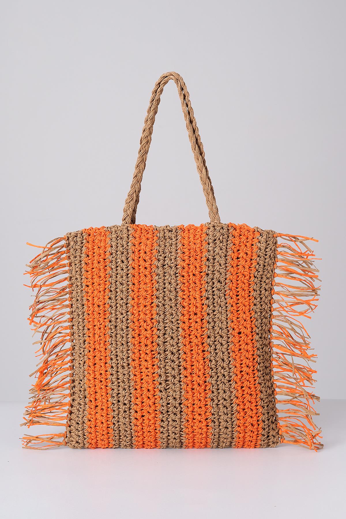 Deri Aksesuarlı El Örgü Plaj Günlük Çanta