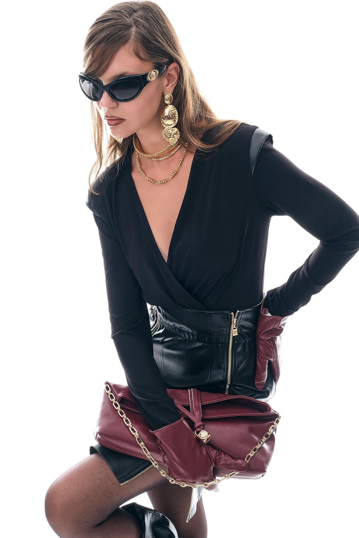 Deri Çift Fermuar Ve Beli Lastik Detaylı Etek