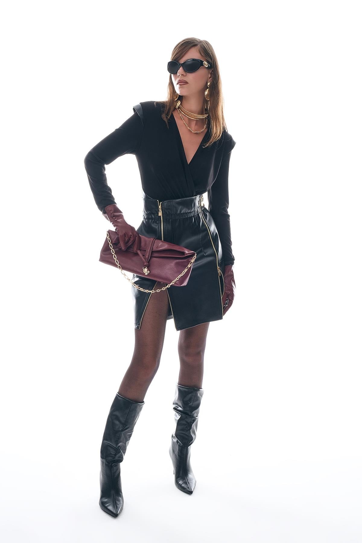 Deri Çift Fermuar Ve Beli Lastik Detaylı Etek