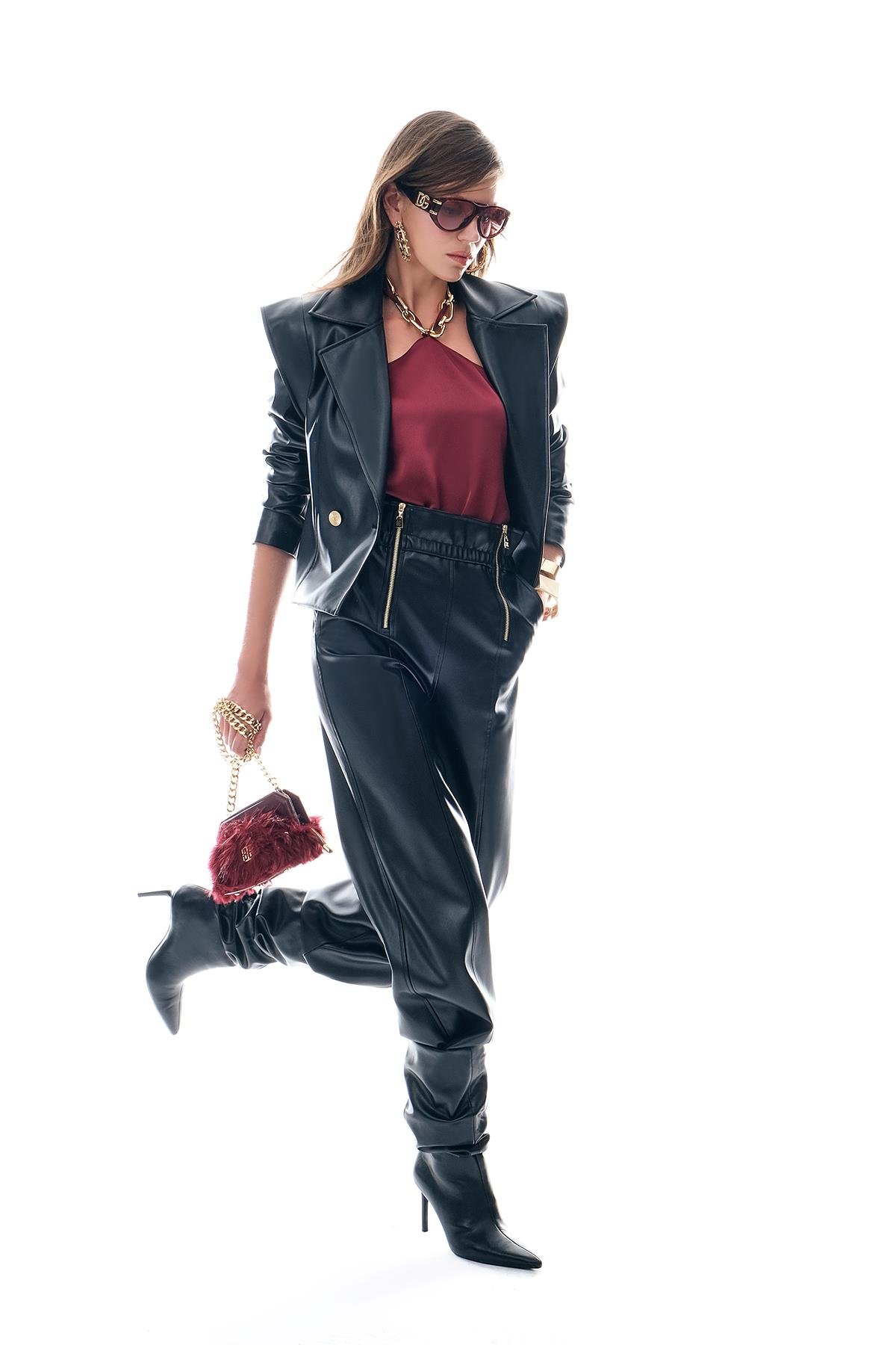 Deri Fermuar Detaylı Beli Lastikli Pantolon