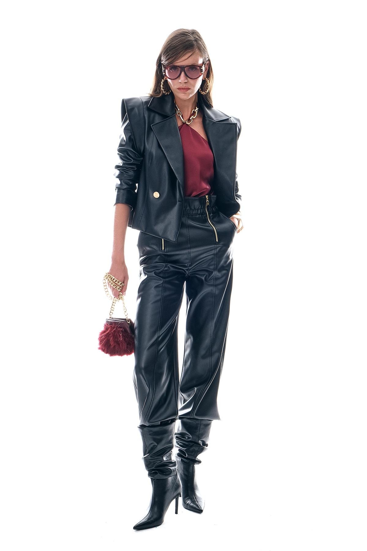 Deri Fermuar Detaylı Beli Lastikli Pantolon