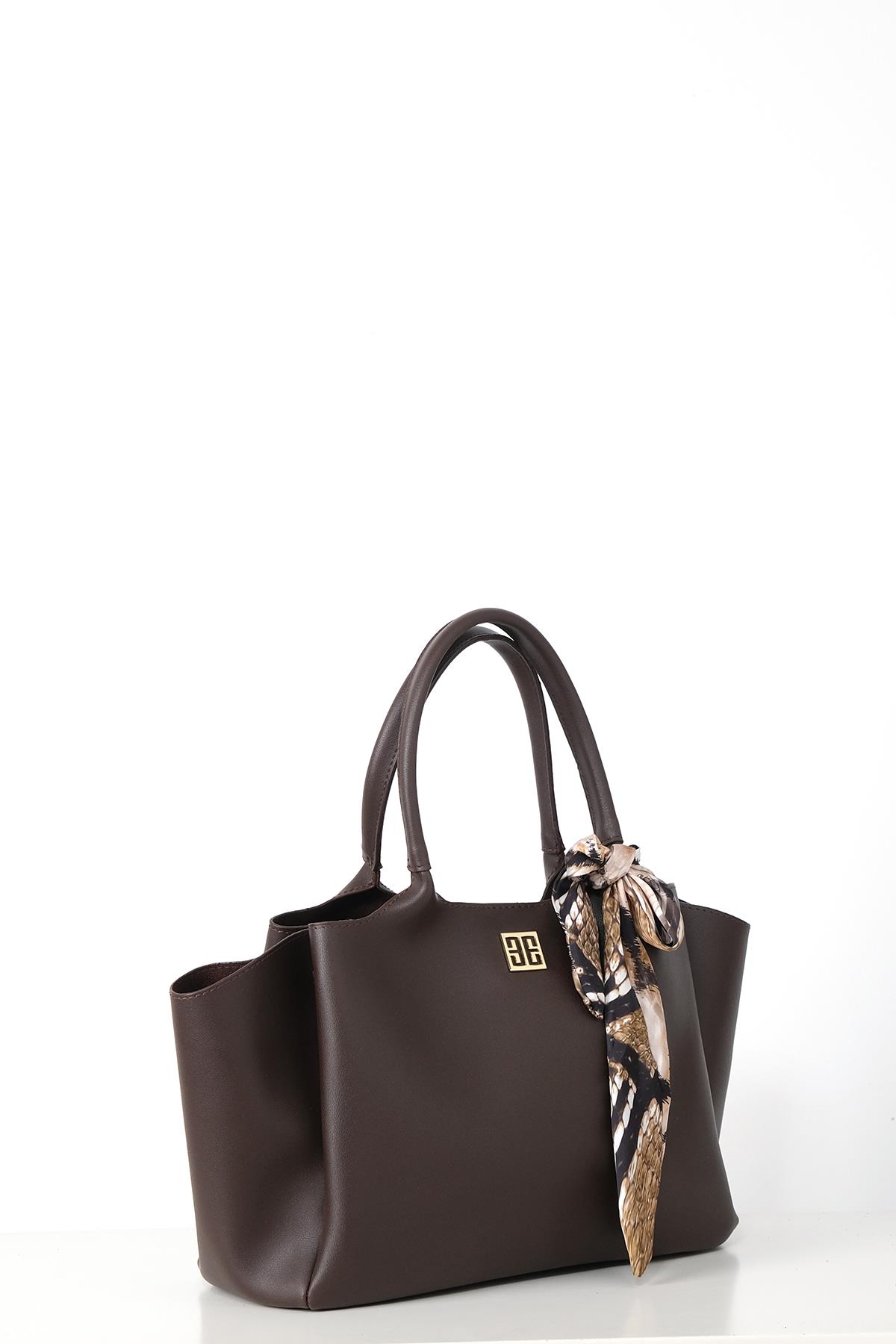 Desenli Fular Aksesuarlı Çift Saplı Logolu Askılı Geniş Hacimli City Çanta