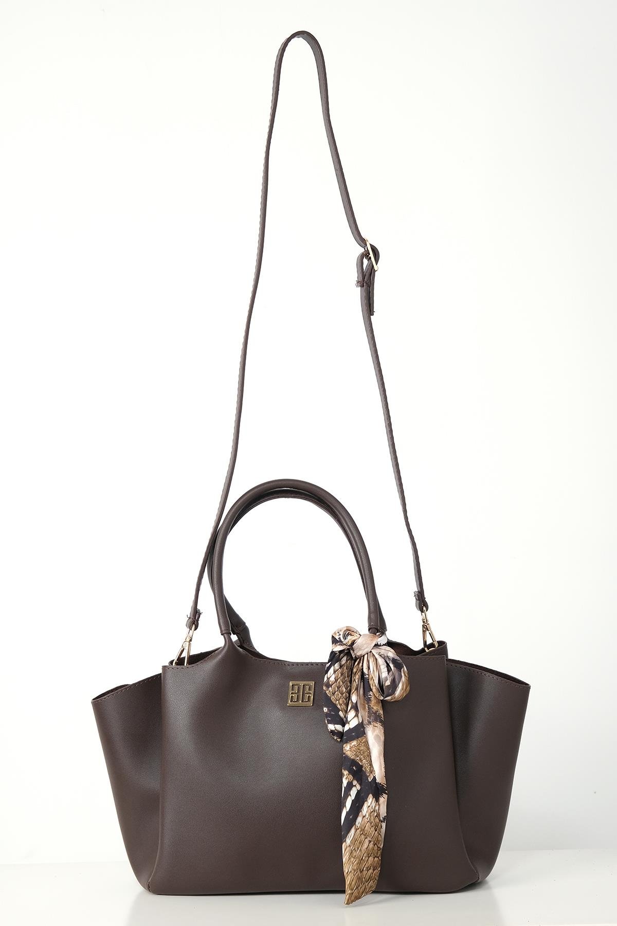 Desenli Fular Aksesuarlı Çift Saplı Logolu Askılı Geniş Hacimli City Çanta