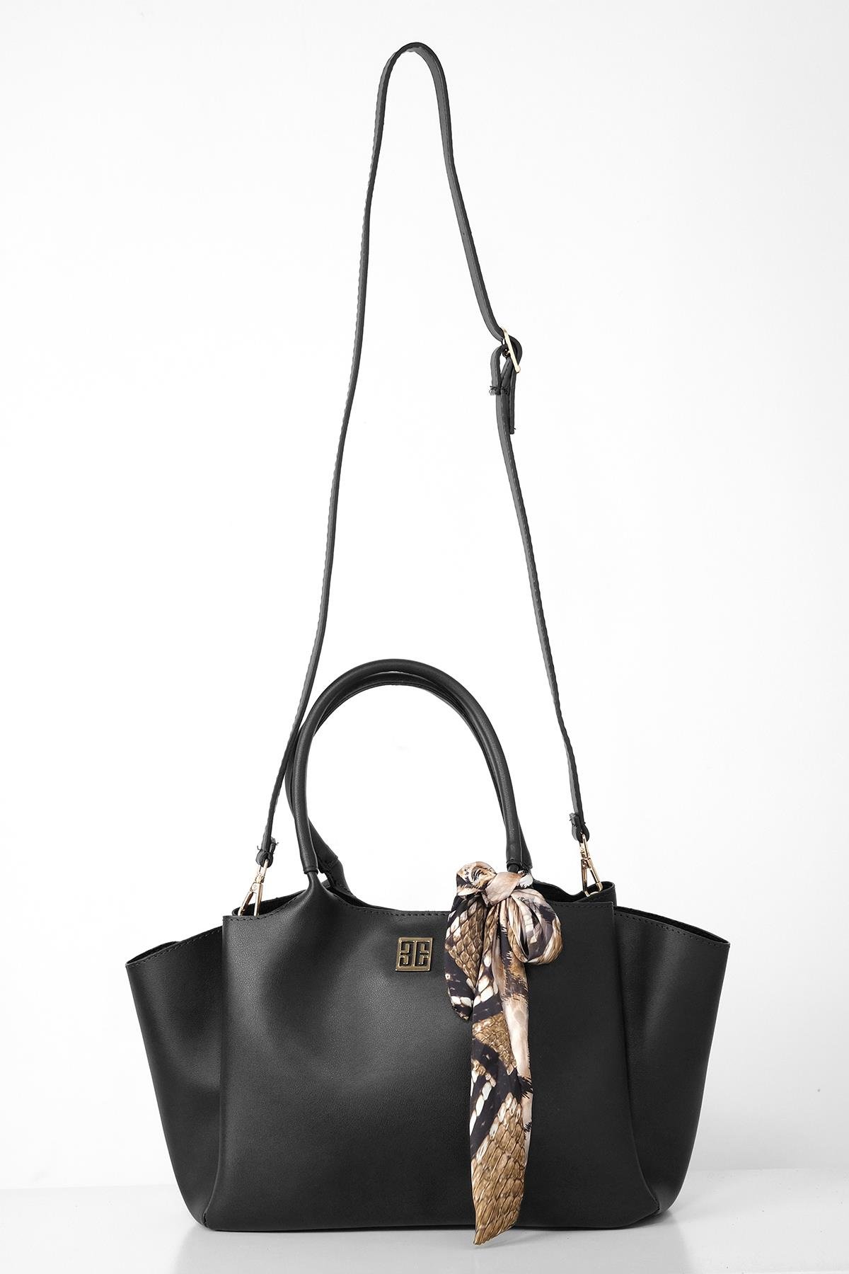 Desenli Fular Aksesuarlı Çift Saplı Logolu Askılı Geniş Hacimli City Çanta