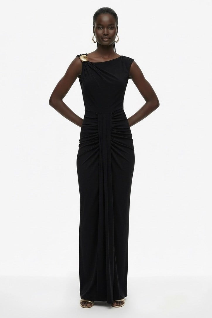 Drape Detaylı Asimetrik Maxi Elbise