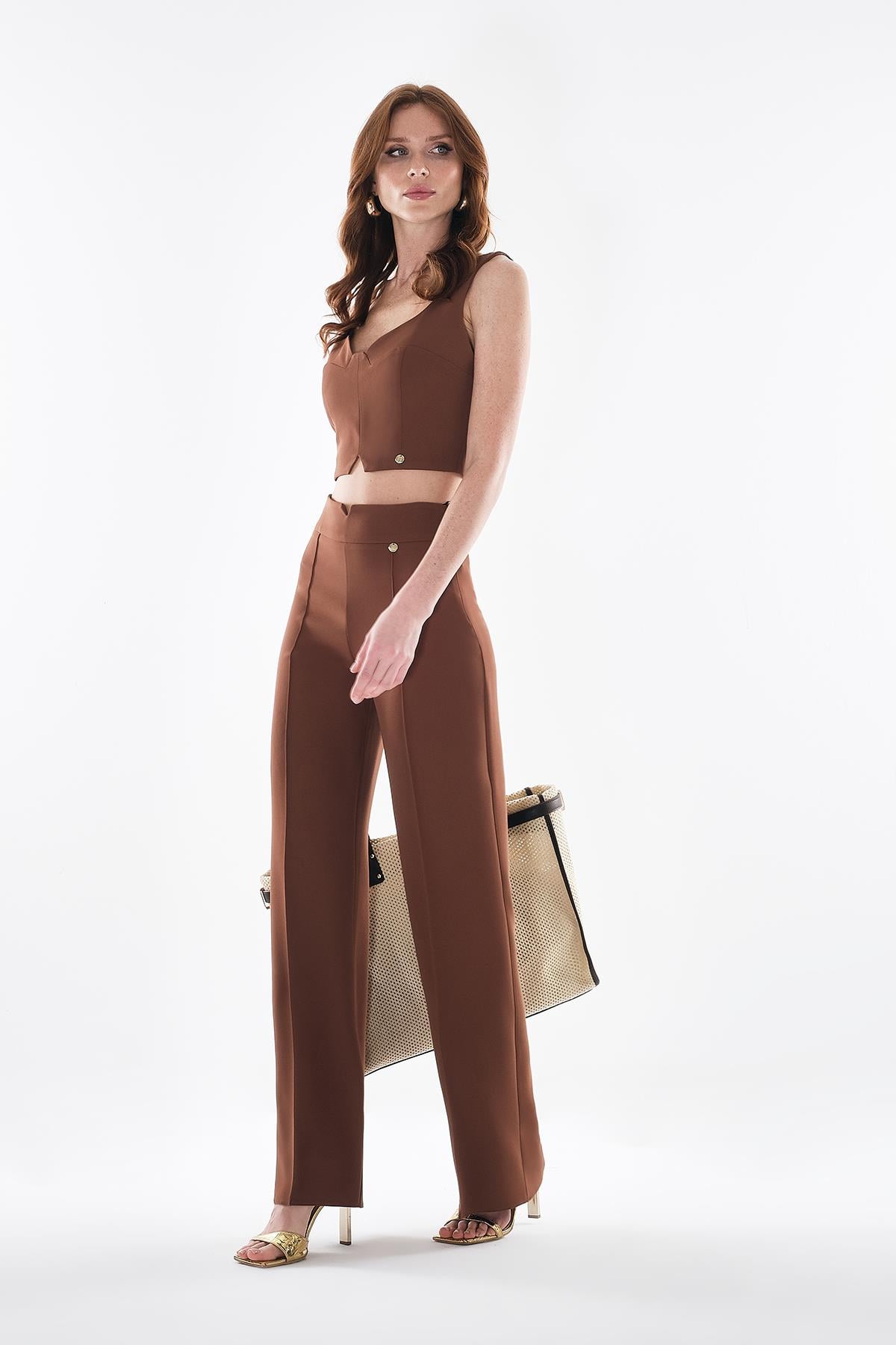 Göğüs Dekolteli Gold Metal Fermuarlı Crop Bluz