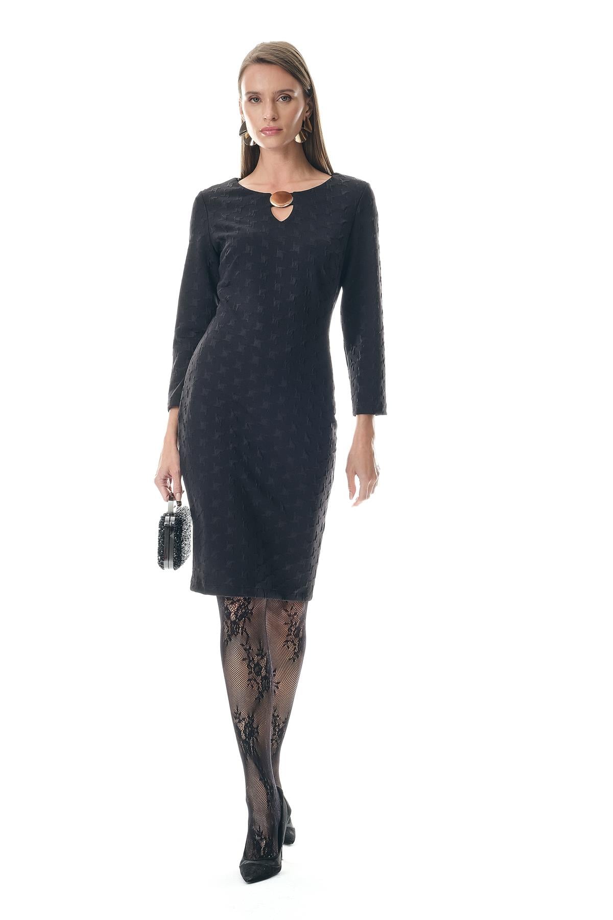 Gold Aksesuarlı Örme Jakar Mini Elbise