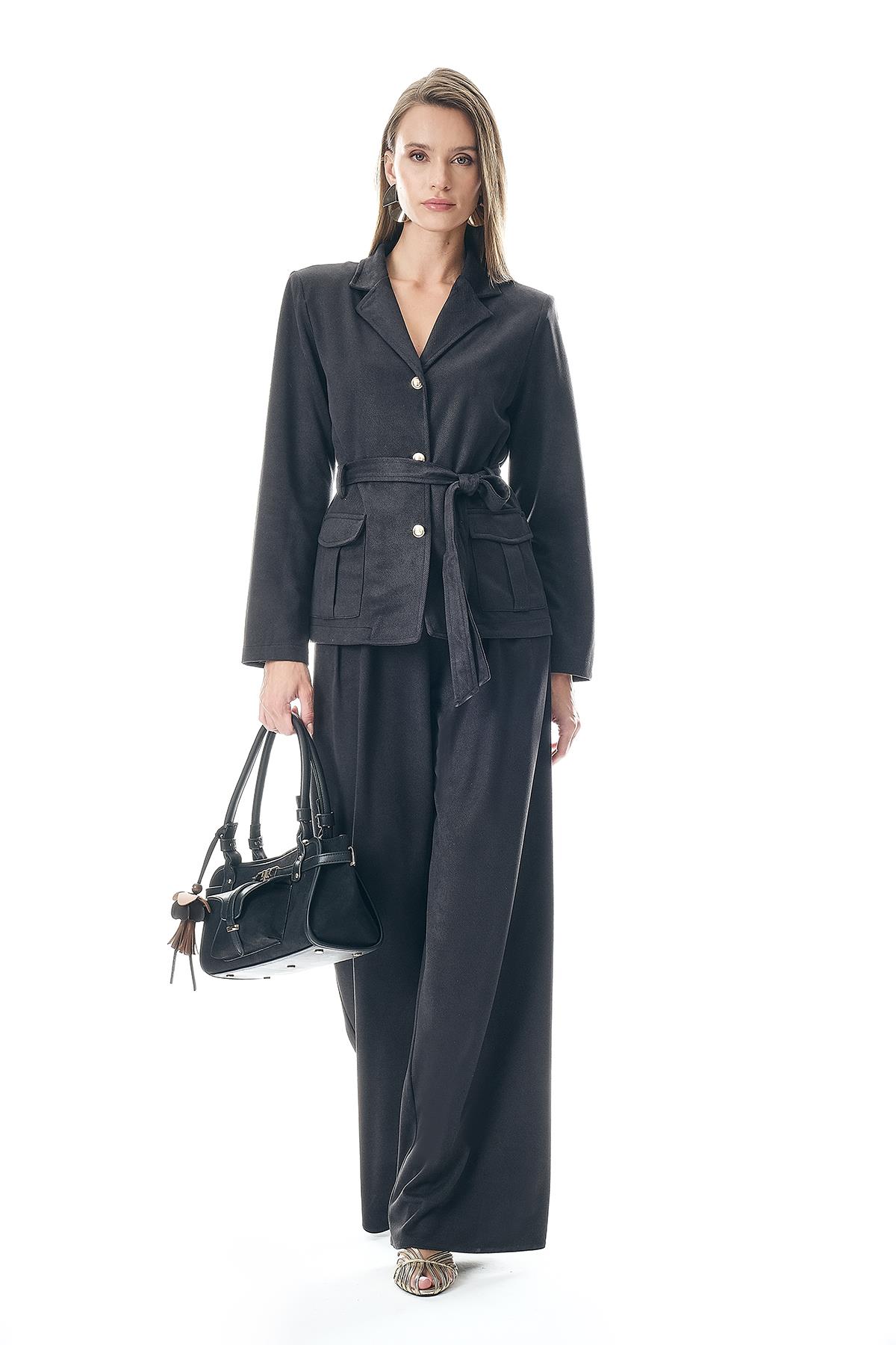 Gold Düğmeli Kuşaklı Süet Ceket