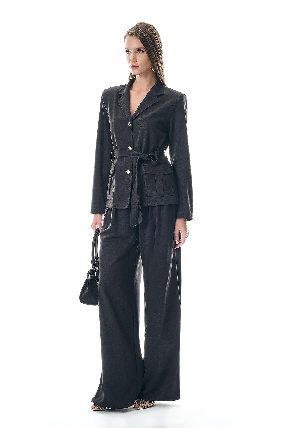 Gold Düğmeli Kuşaklı Süet Ceket