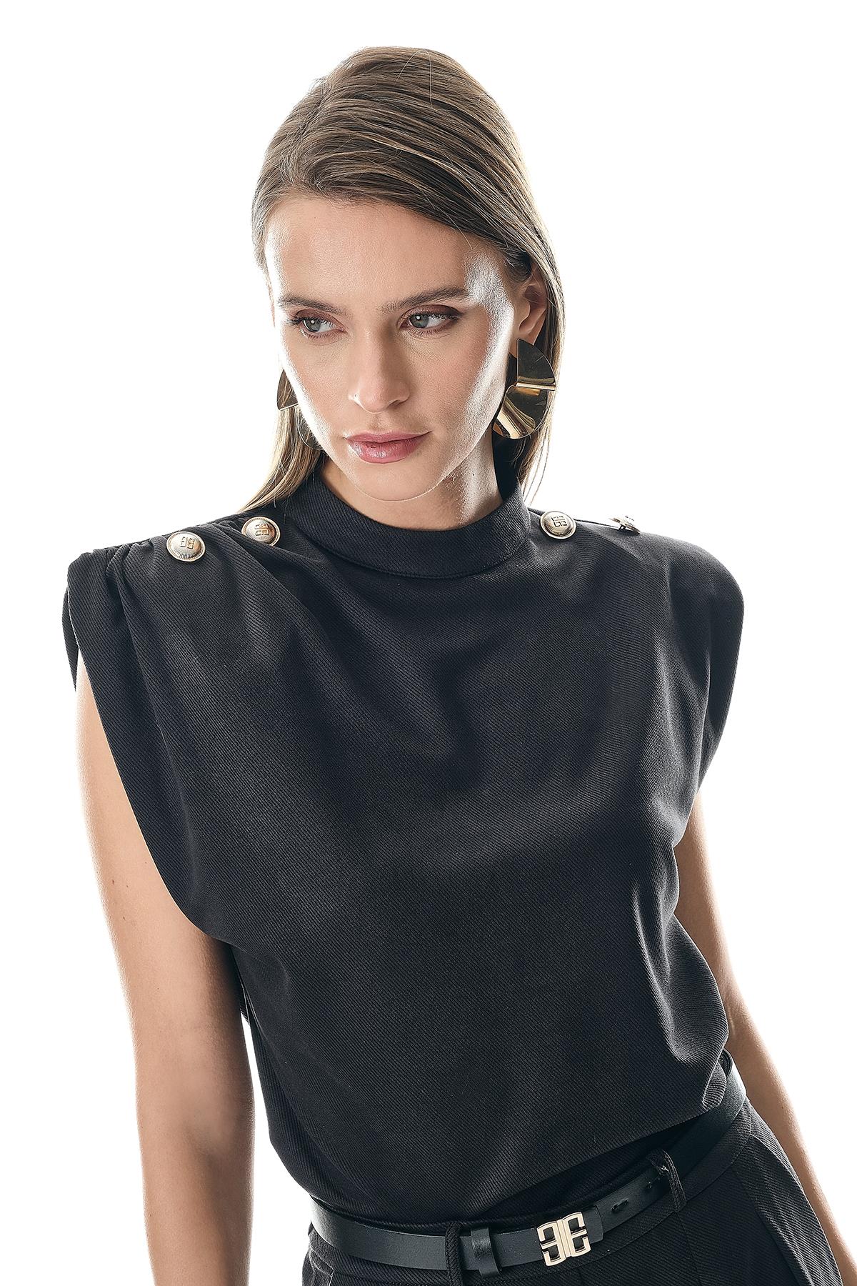 Hakim Yaka Omuzları Gold Düğmeli Süet Bluz