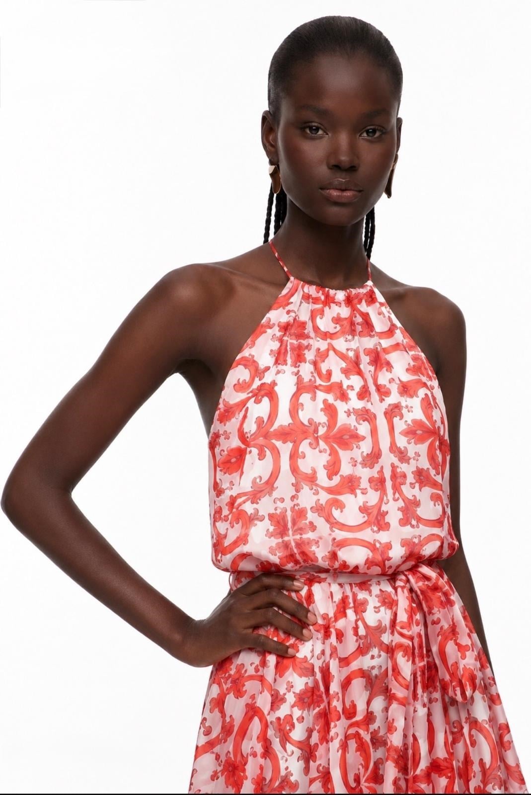 Halter Yaka Desenli Elbise