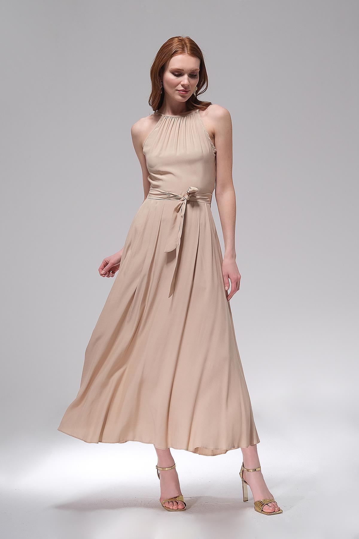 Halter Yaka Midi Boy Elbise