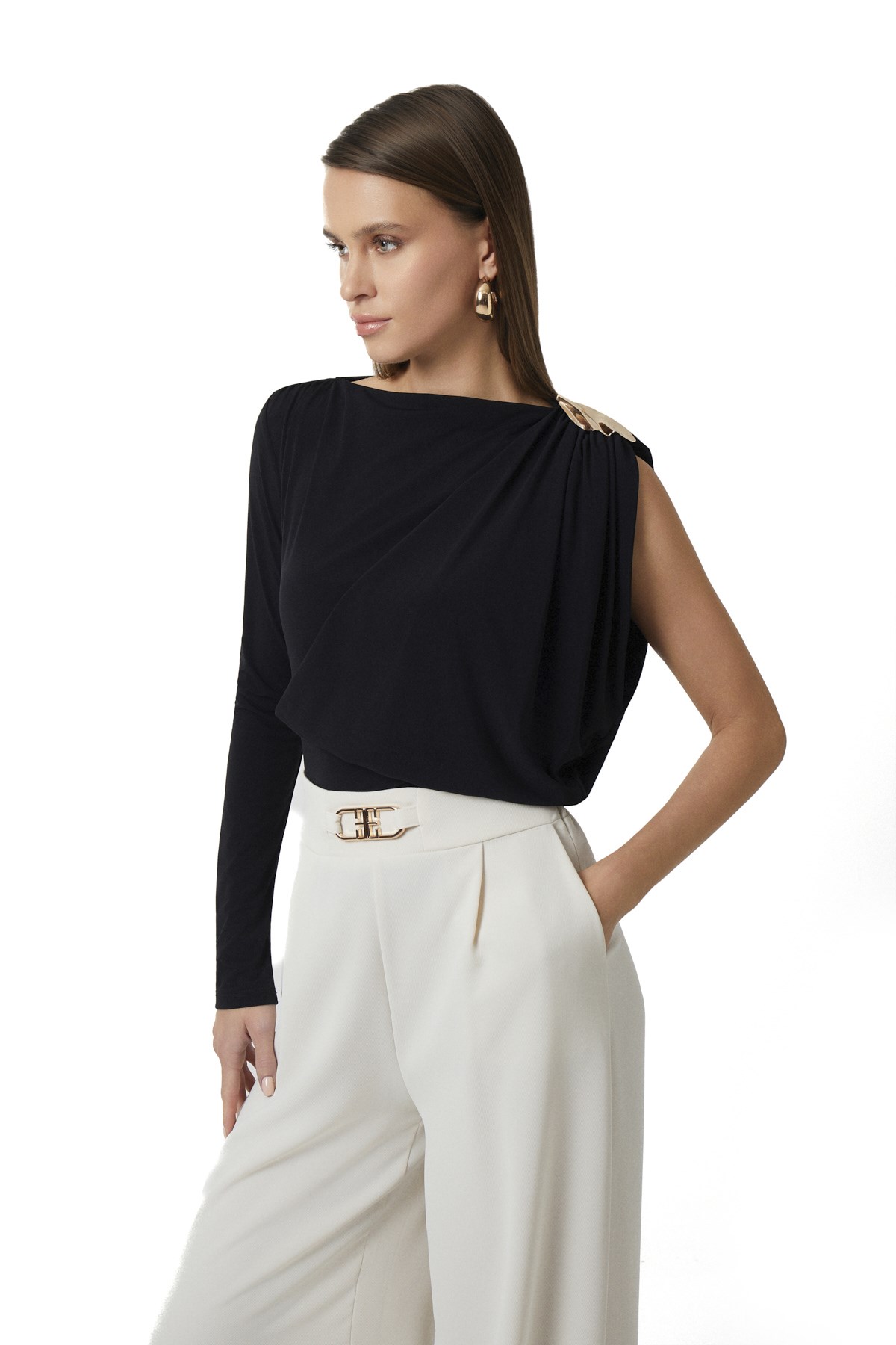 Kayık Yaka Tek Kollu Bluz