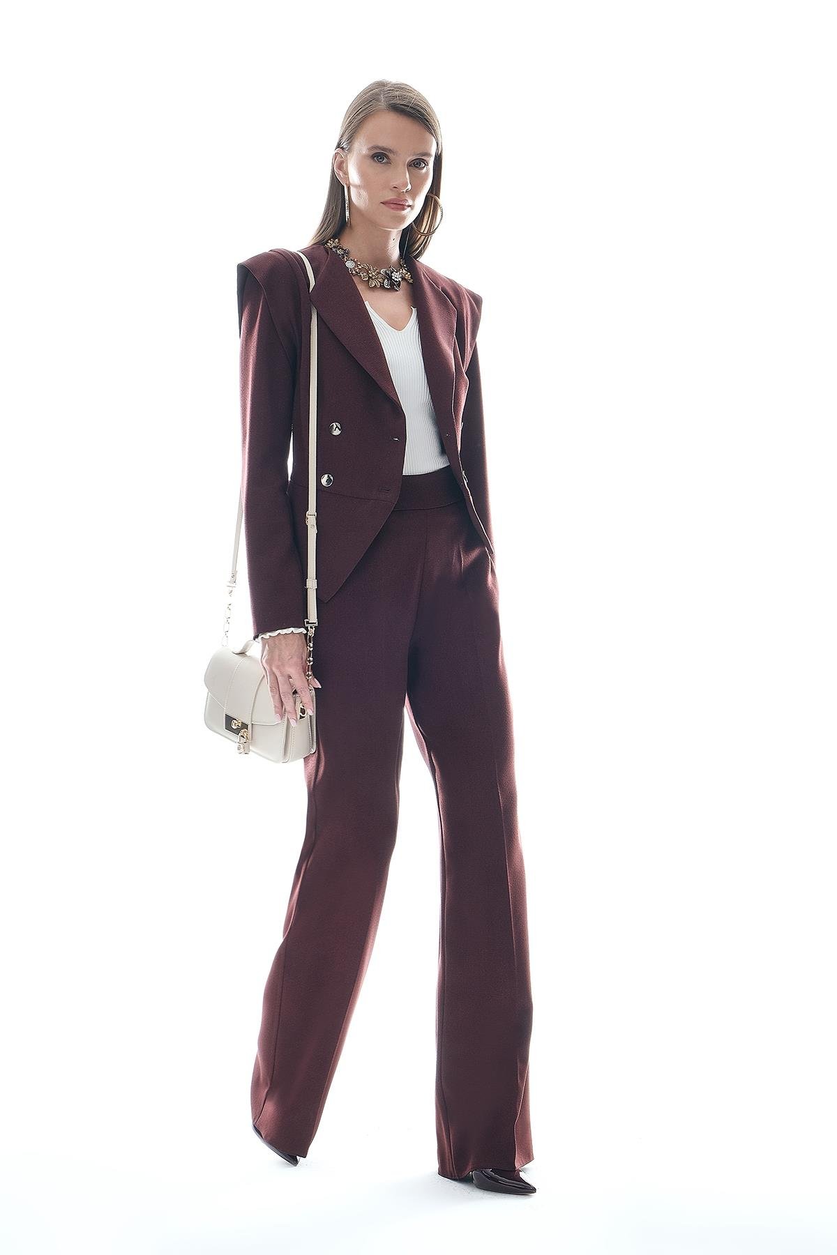 Kruvaze Beli Kuşaklı Omuz Detaylı Ceket Pantolon Takım