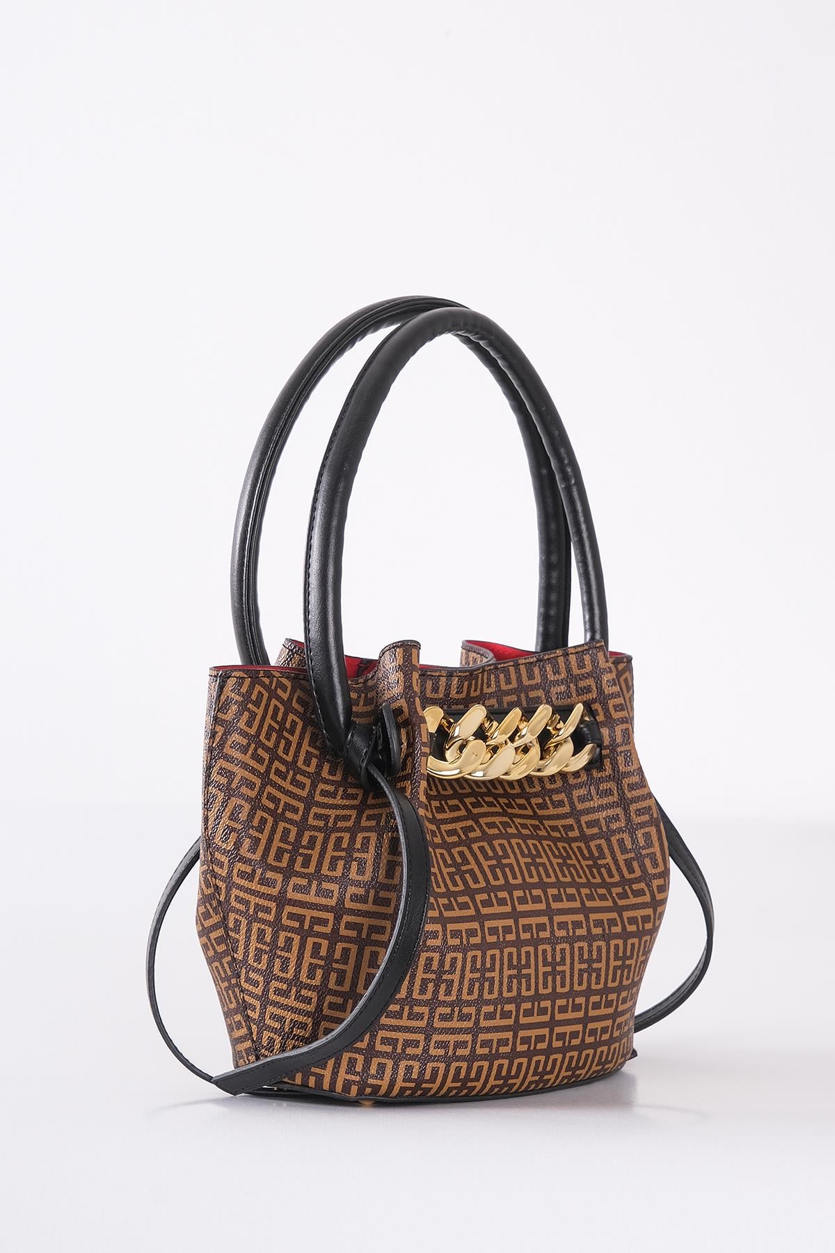 Monogram Desenli Gold Zincir Detaylı Büzgülü Bucket Çanta