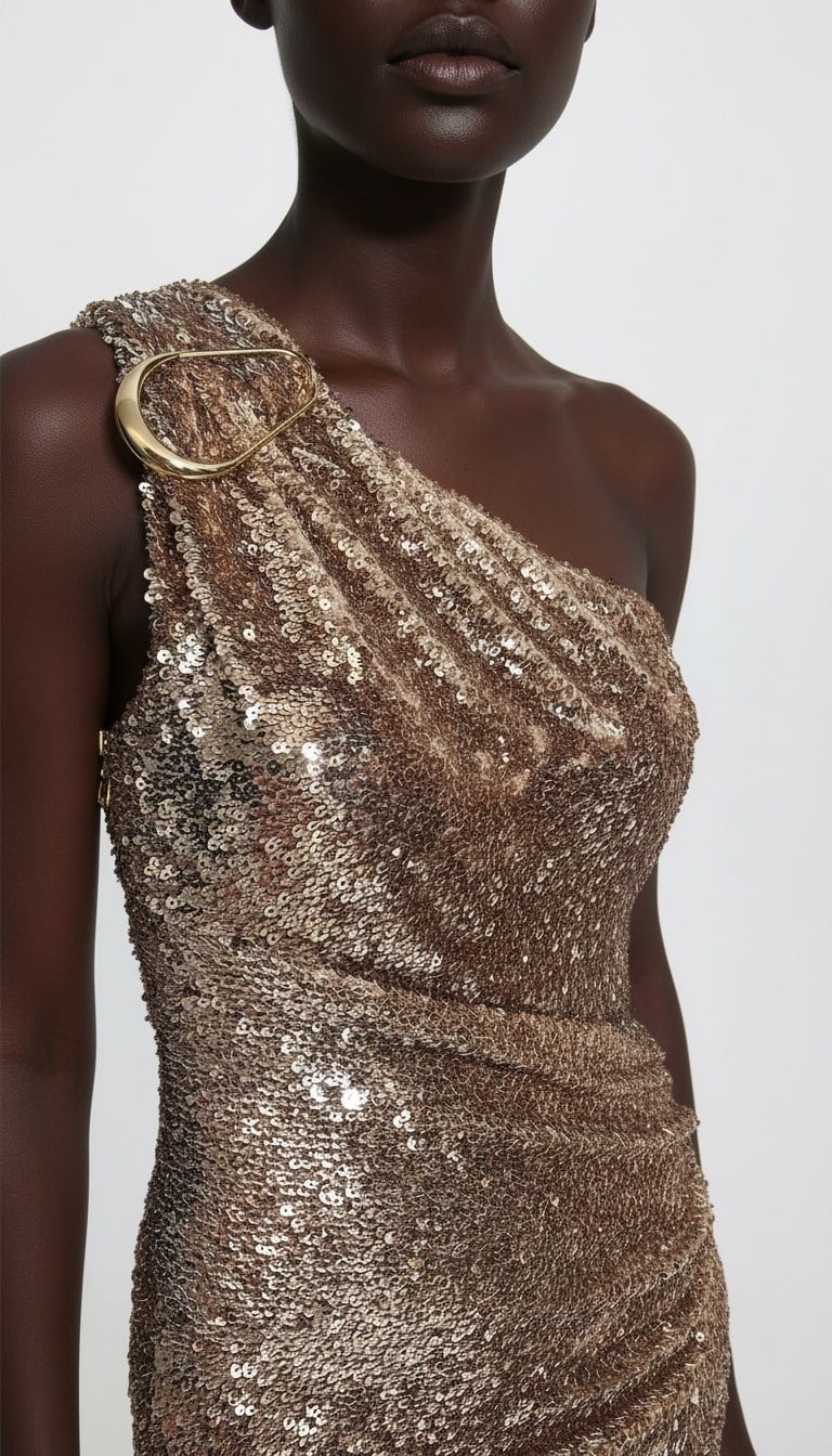 Payet Tek Omuz Aksesuarlı Maxi Elbise