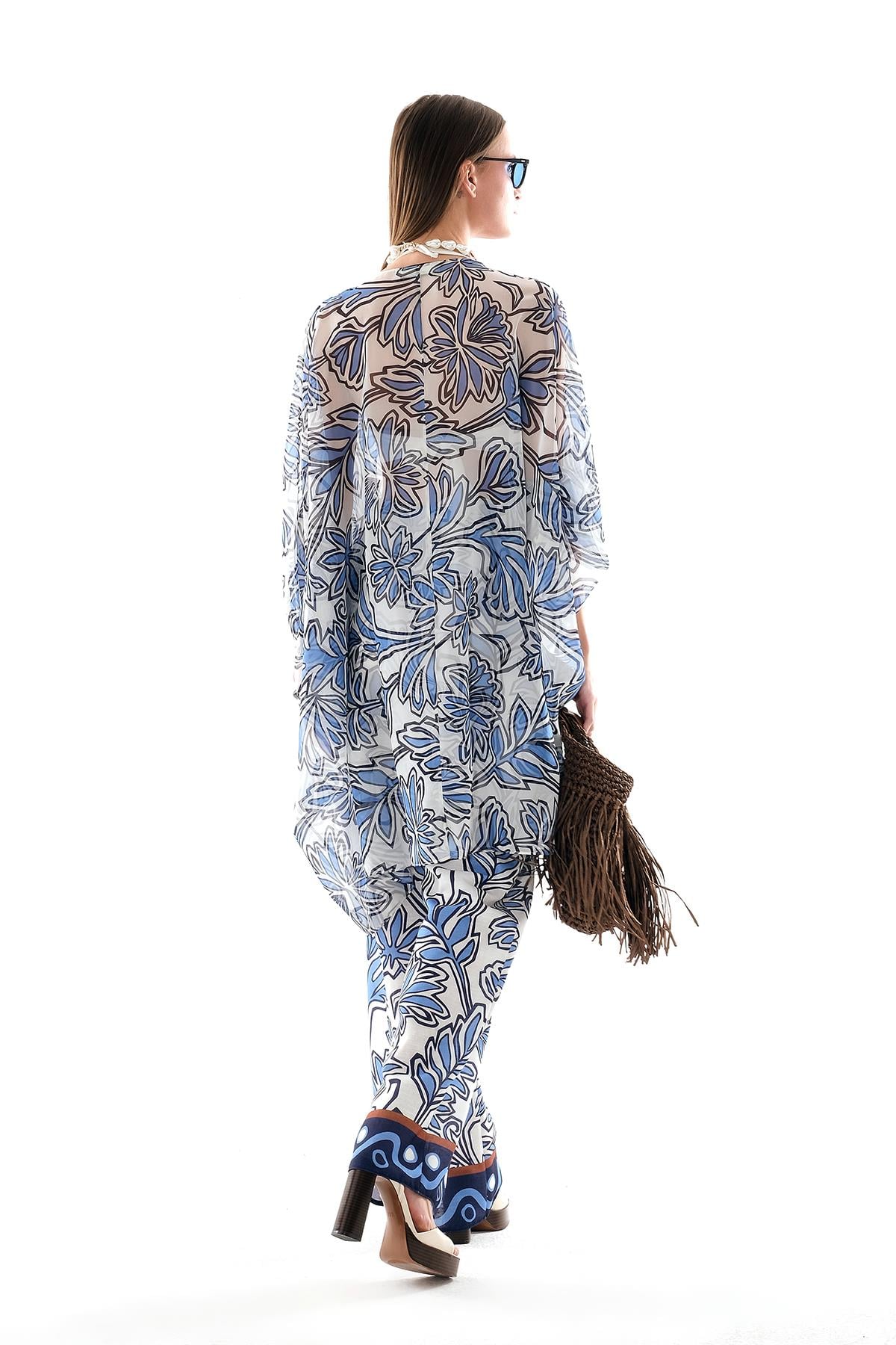 Desenli Kimono Ve Keten Bol Paça Pantolon Takım