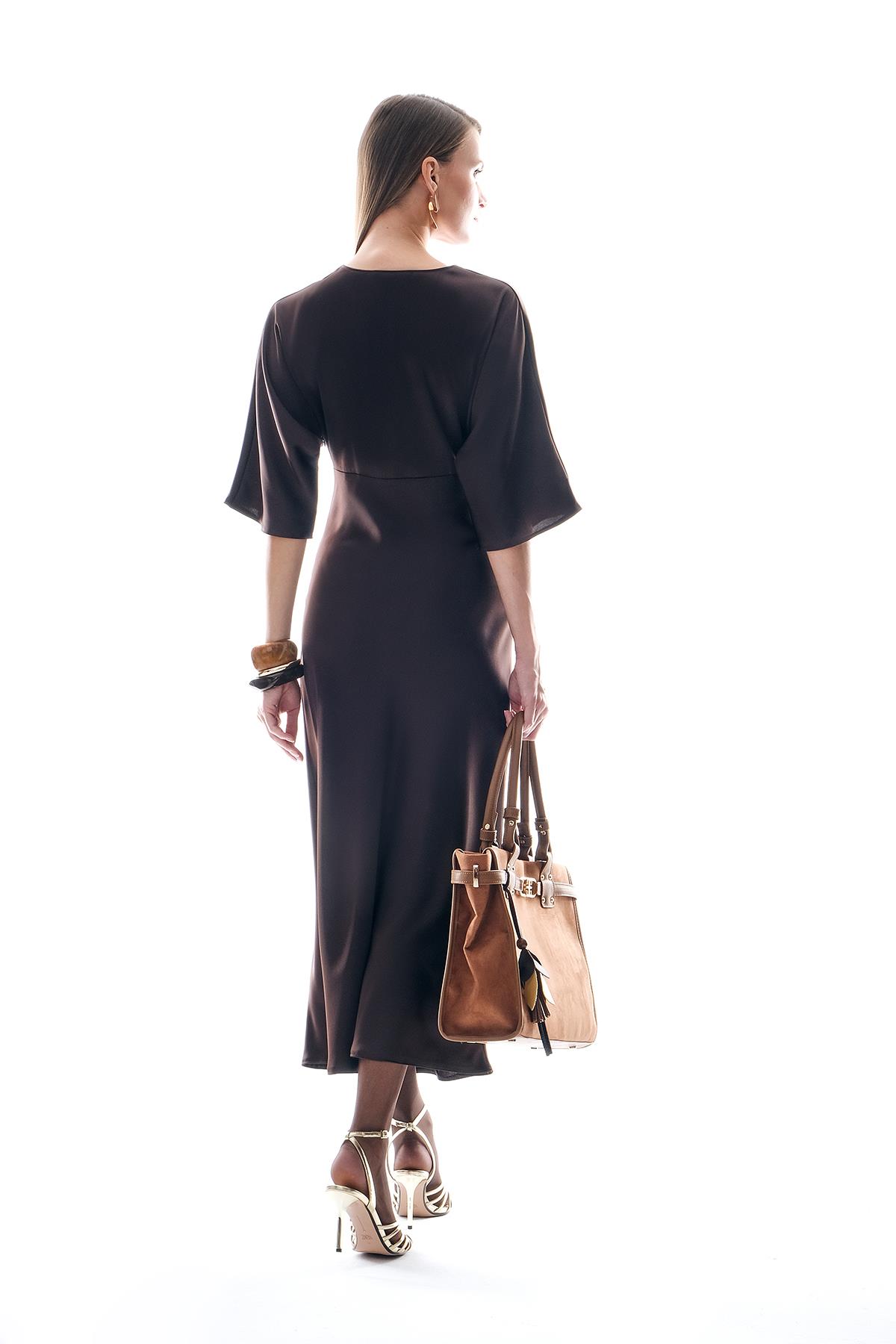 Saten Drapeli Midi Şık Elbise