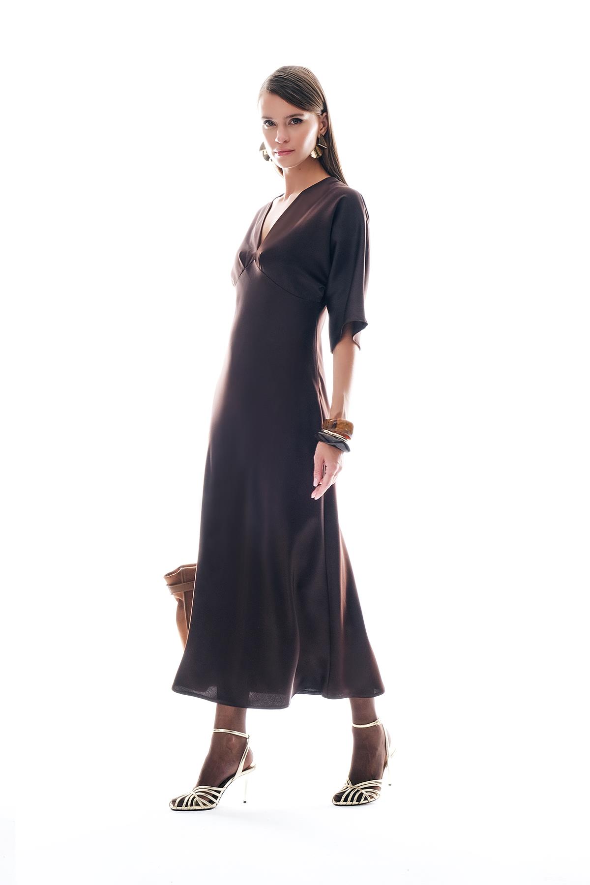 Saten Drapeli Midi Şık Elbise