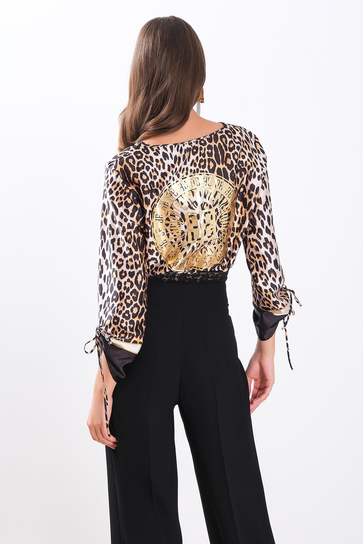 Saten Leopar Desen Dantelli Crop Bluz