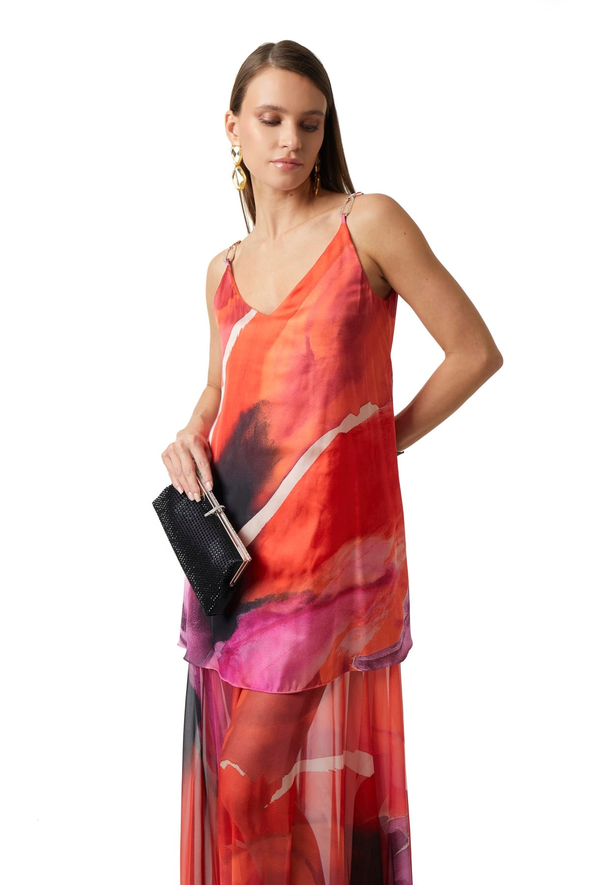 Saten Şifon Garnili Askılı Maxi Elbise