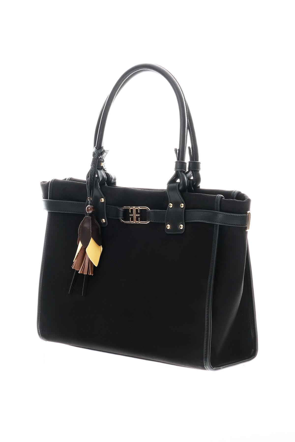 Süet Çiçek Aksesuarlı Büyük El Omuz Çanta